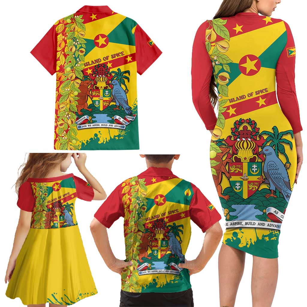Grenada Family Matching Long Sleeve Bodycon Dress and Hawaiian Shirt Gwenad Nutmeg Island of Spice - Wonder Print Shop
