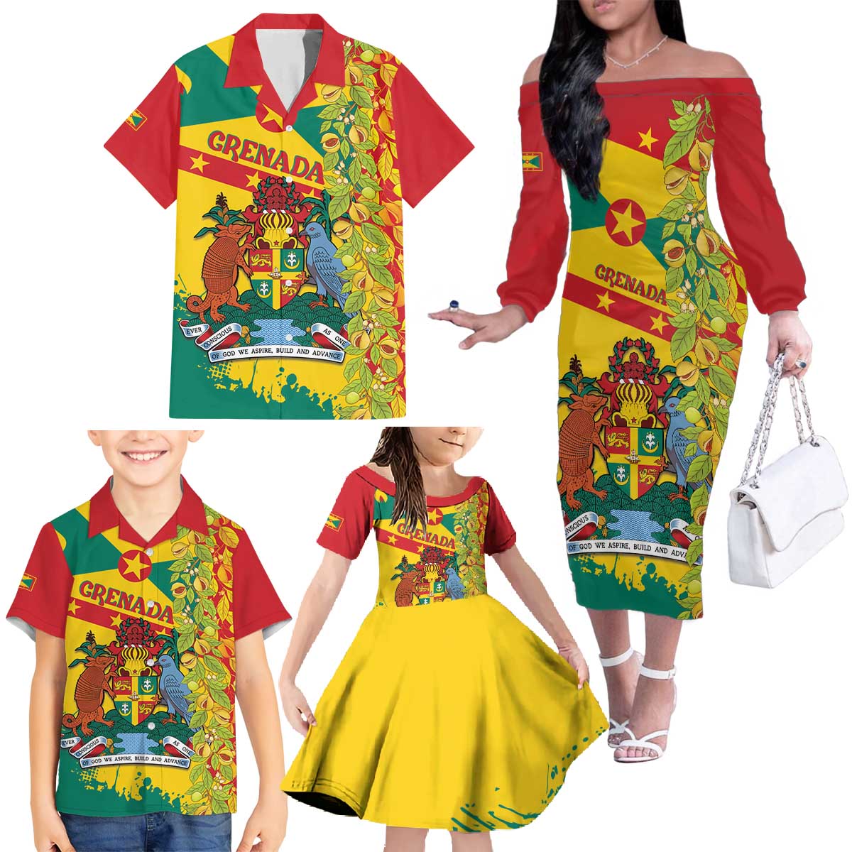 Grenada Family Matching Off The Shoulder Long Sleeve Dress and Hawaiian Shirt Gwenad Nutmeg Island of Spice - Wonder Print Shop