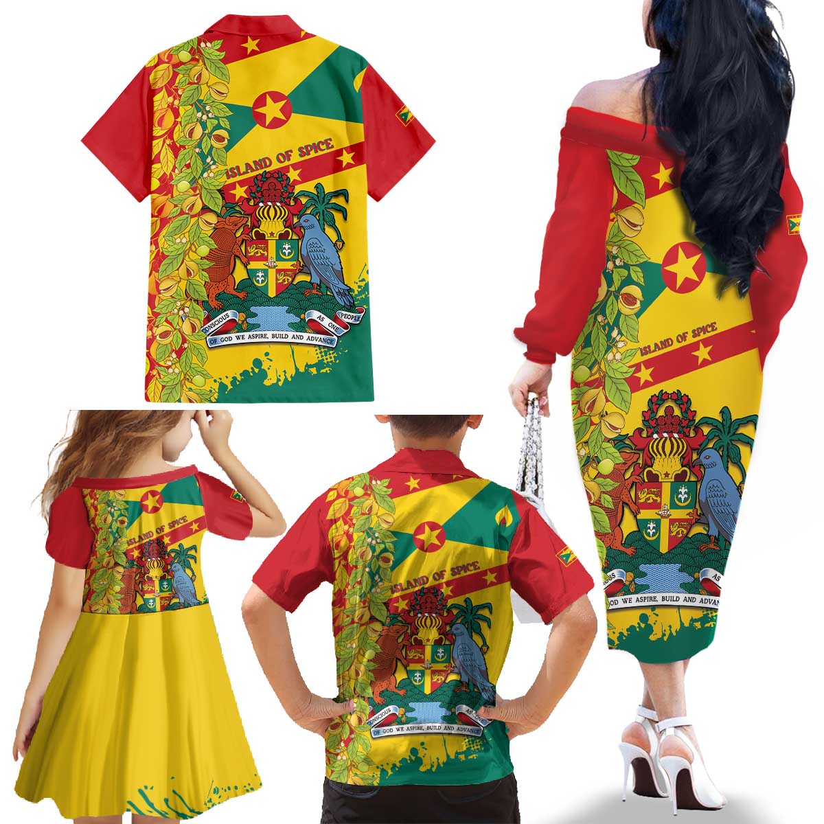 Grenada Family Matching Off The Shoulder Long Sleeve Dress and Hawaiian Shirt Gwenad Nutmeg Island of Spice - Wonder Print Shop
