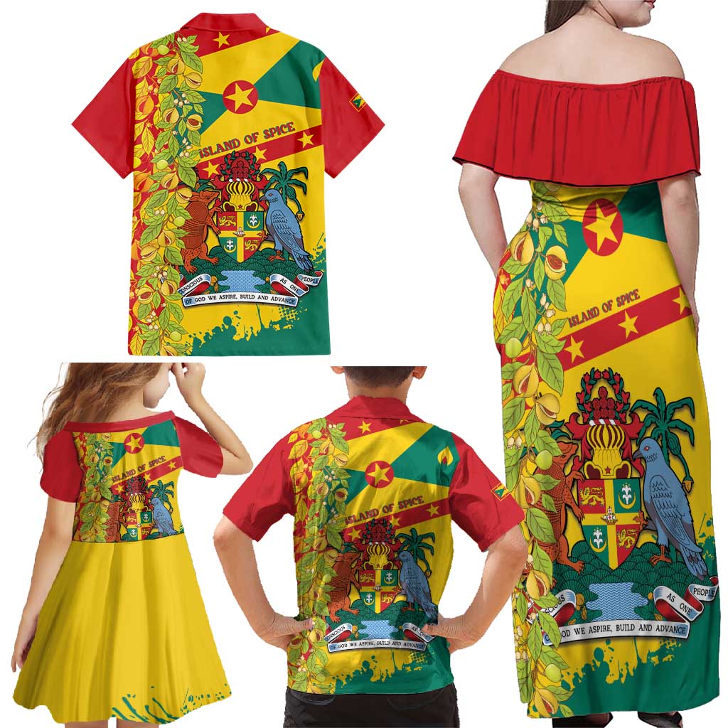 Grenada Family Matching Off Shoulder Maxi Dress and Hawaiian Shirt Gwenad Nutmeg Island of Spice - Wonder Print Shop