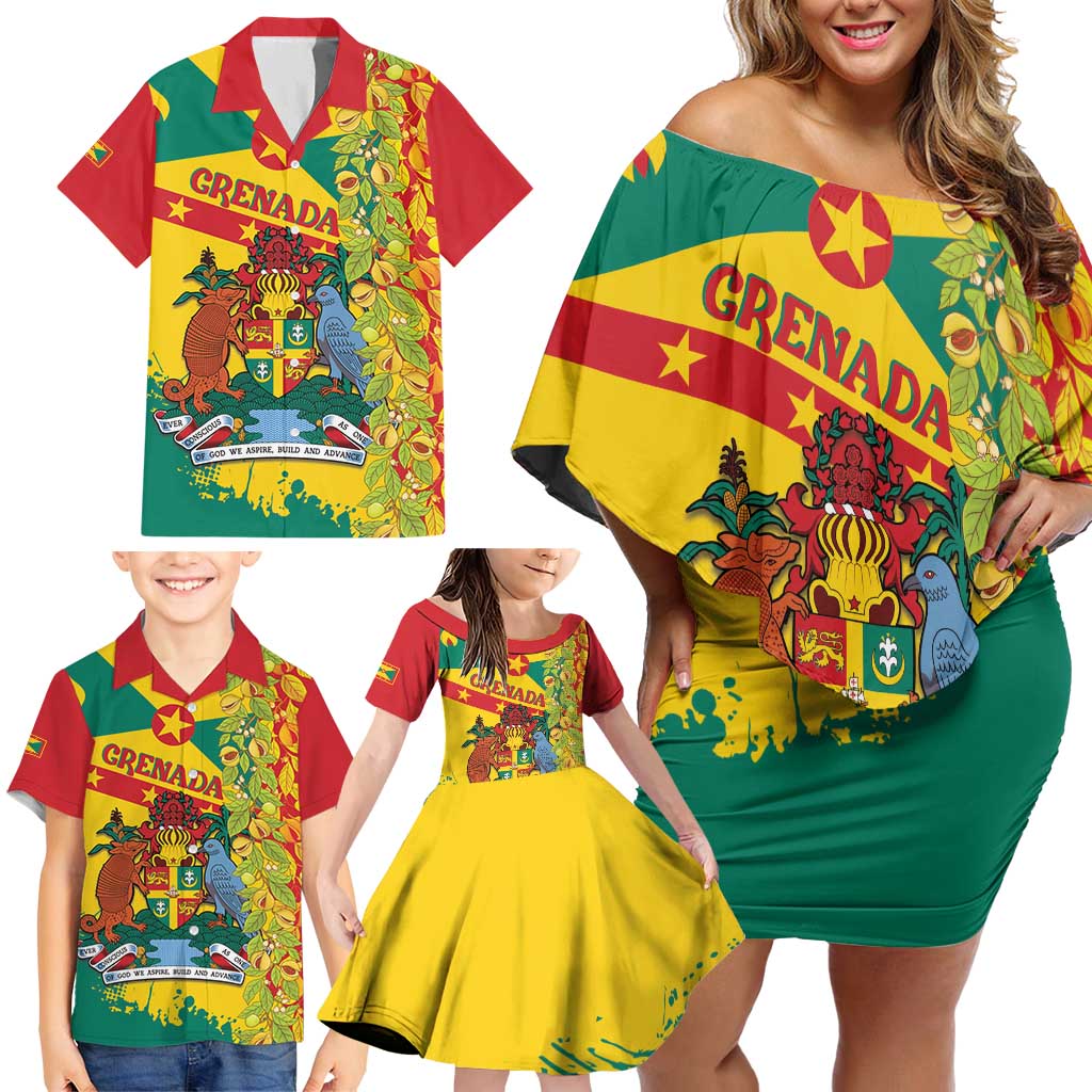 Grenada Family Matching Off Shoulder Short Dress and Hawaiian Shirt Gwenad Nutmeg Island of Spice - Wonder Print Shop