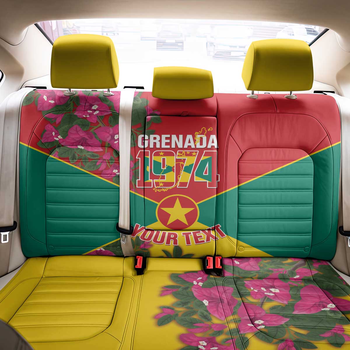 Grenada 1974 Back Car Seat Cover Gwenad Map With Bougainvillea - Flag Color - Wonder Print Shop