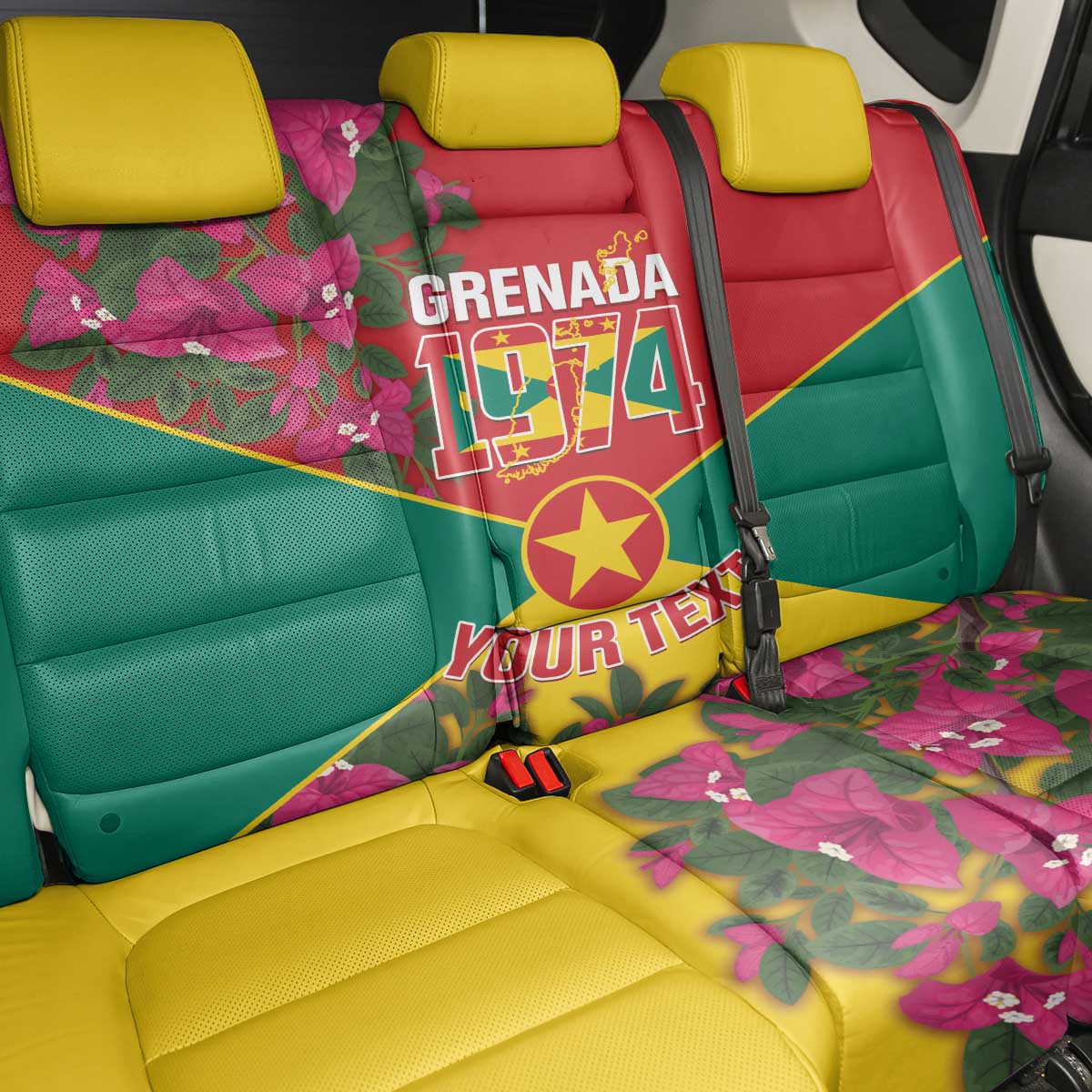 Grenada 1974 Back Car Seat Cover Gwenad Map With Bougainvillea - Flag Color - Wonder Print Shop