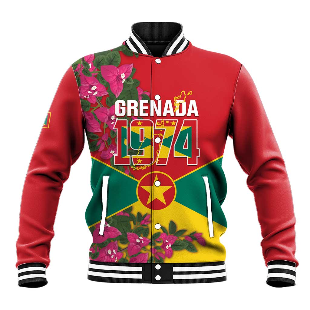 Grenada 1974 Baseball Jacket Gwenad Map With Bougainvillea - Flag Color - Wonder Print Shop