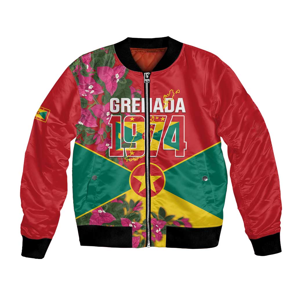 Grenada 1974 Bomber Jacket Gwenad Map With Bougainvillea - Flag Color - Wonder Print Shop