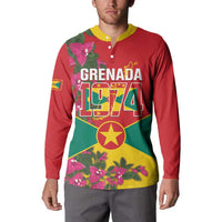 Grenada 1974 Button Sweatshirt Gwenad Map With Bougainvillea - Flag Color - Wonder Print Shop