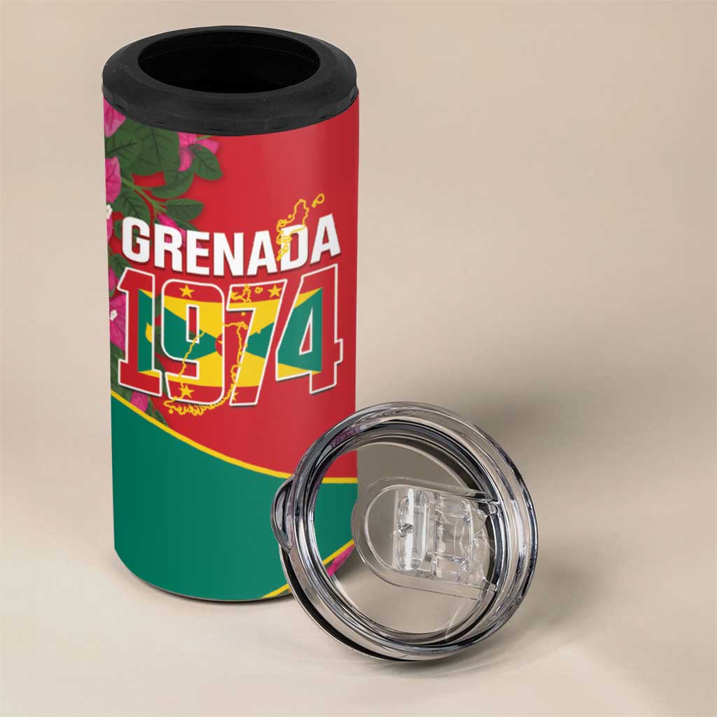 Grenada 1974 4 in 1 Can Cooler Tumbler Gwenad Map With Bougainvillea - Flag Color - Wonder Print Shop