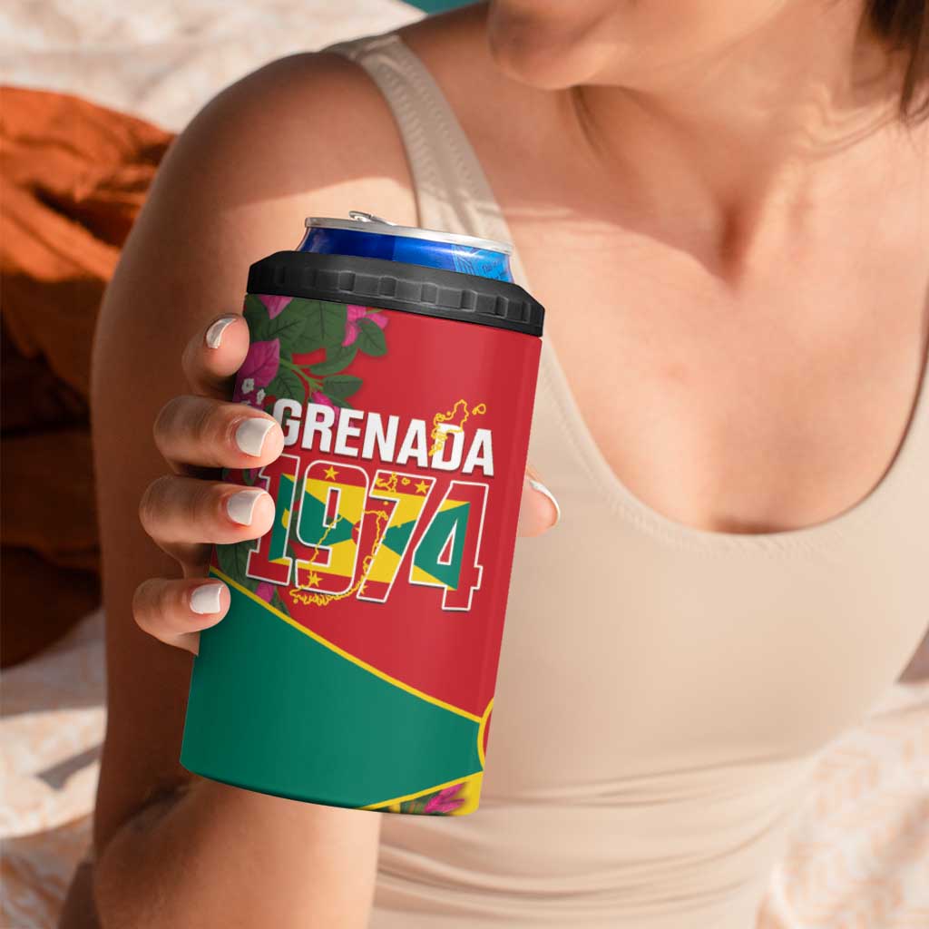 Grenada 1974 4 in 1 Can Cooler Tumbler Gwenad Map With Bougainvillea - Flag Color - Wonder Print Shop