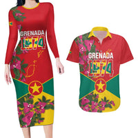 Grenada 1974 Couples Matching Long Sleeve Bodycon Dress and Hawaiian Shirt Gwenad Map With Bougainvillea - Flag Color - Wonder Print Shop