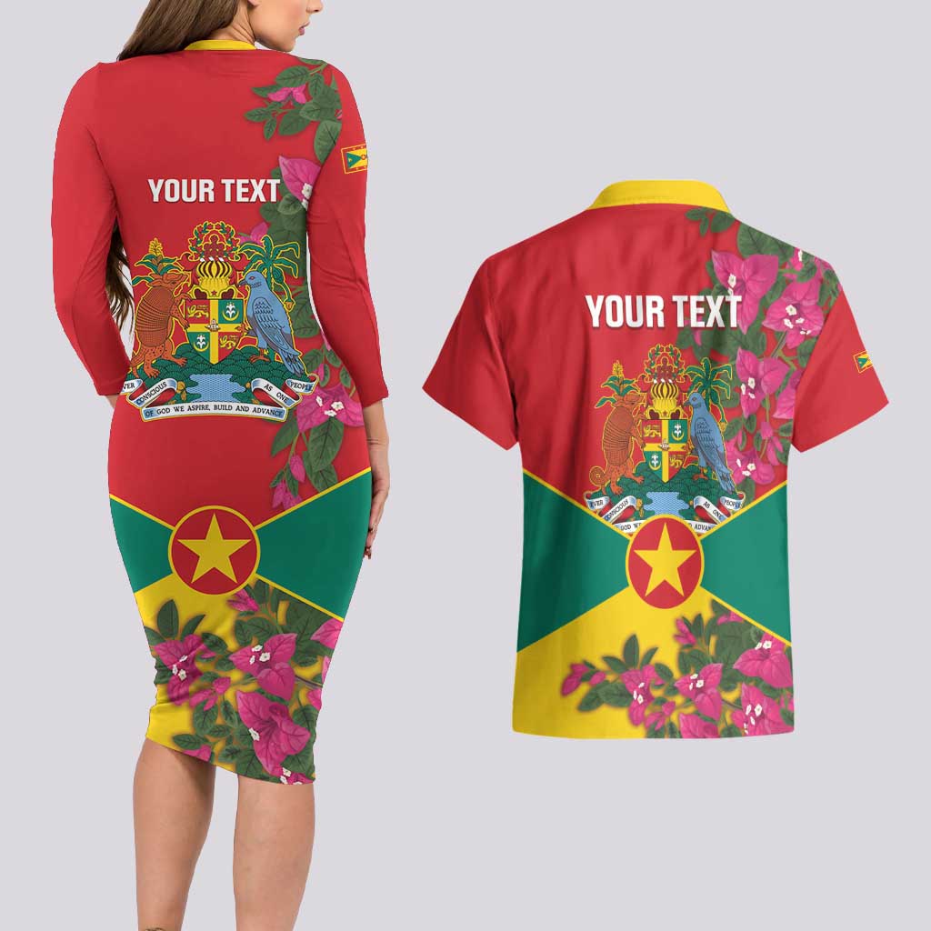 Grenada 1974 Couples Matching Long Sleeve Bodycon Dress and Hawaiian Shirt Gwenad Map With Bougainvillea - Flag Color - Wonder Print Shop