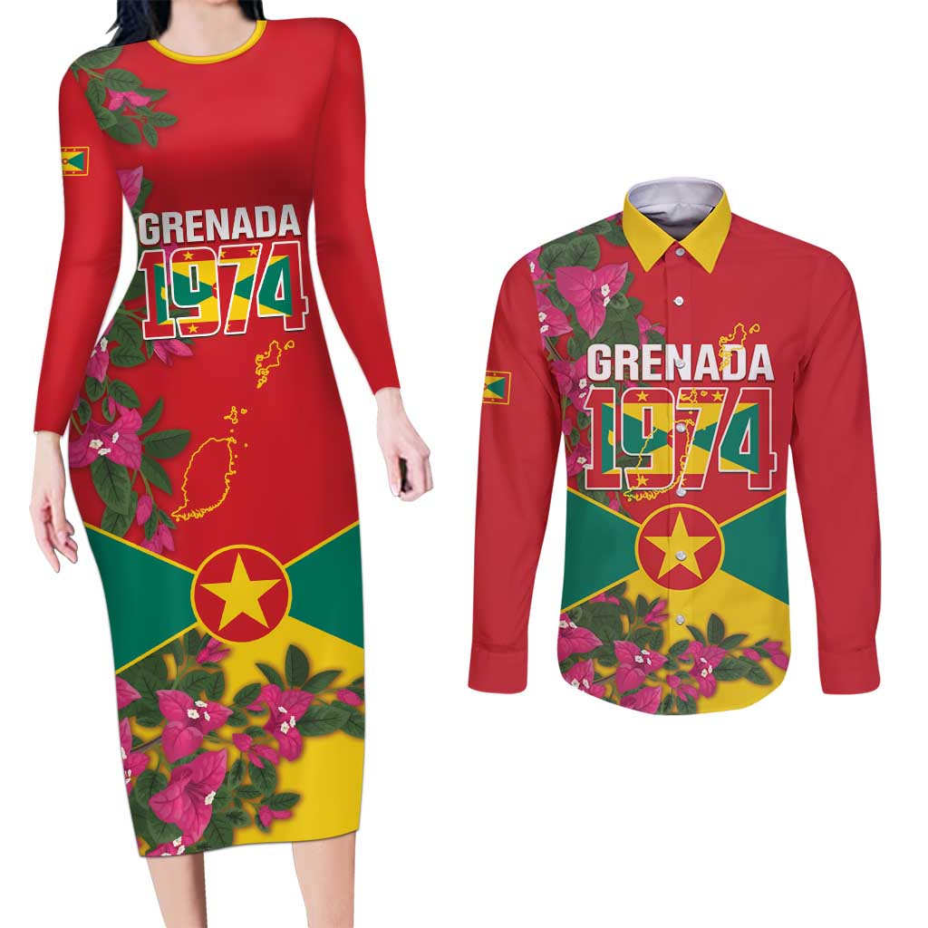 Grenada 1974 Couples Matching Long Sleeve Bodycon Dress and Long Sleeve Button Shirt Gwenad Map With Bougainvillea - Flag Color - Wonder Print Shop