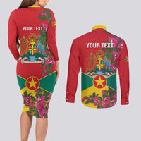 Grenada 1974 Couples Matching Long Sleeve Bodycon Dress and Long Sleeve Button Shirt Gwenad Map With Bougainvillea - Flag Color - Wonder Print Shop