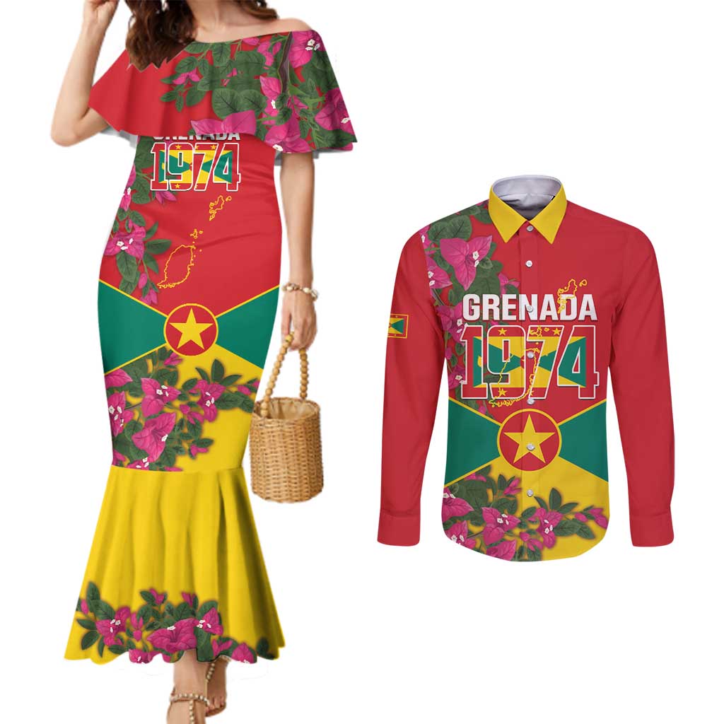 Grenada 1974 Couples Matching Mermaid Dress and Long Sleeve Button Shirt Gwenad Map With Bougainvillea - Flag Color