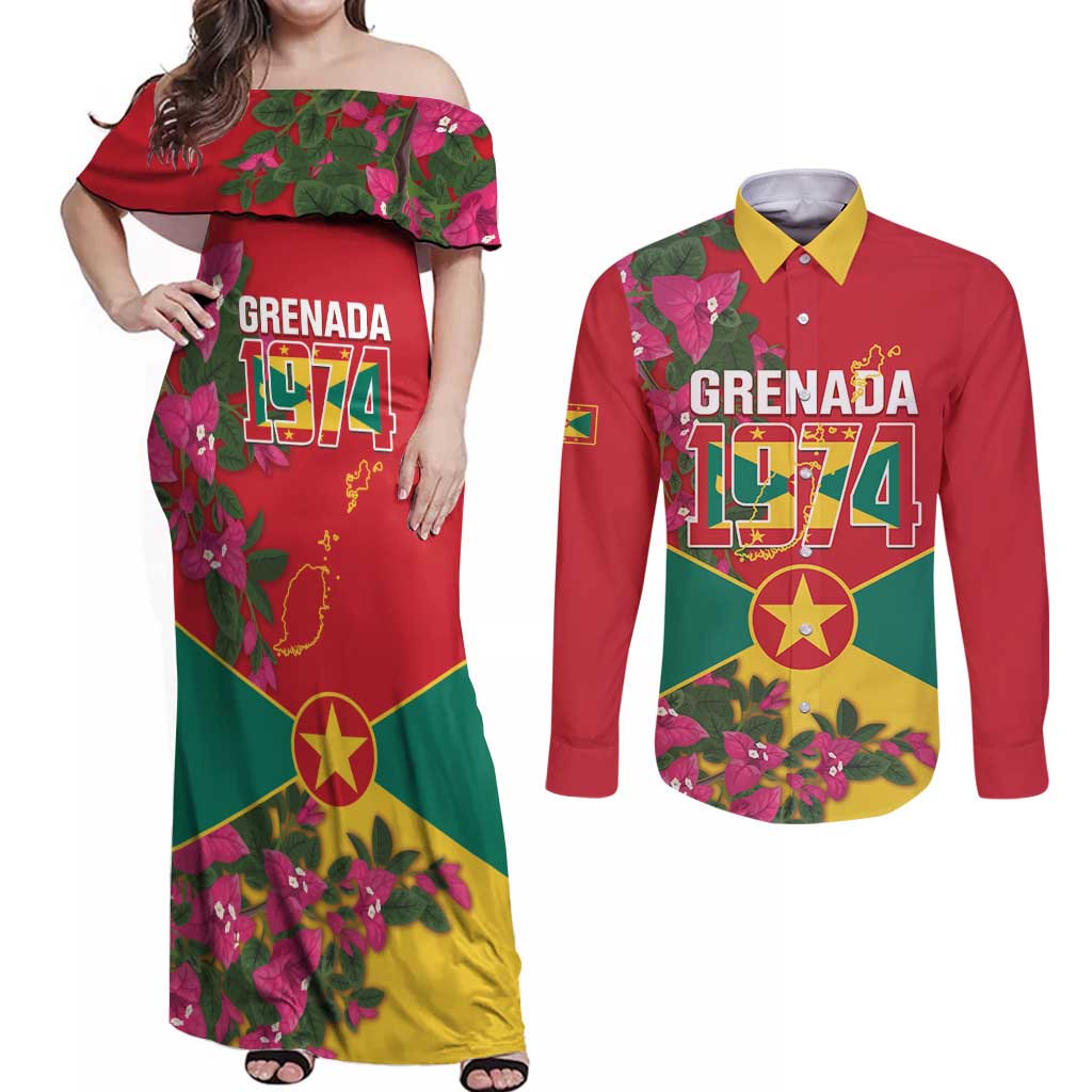 Grenada 1974 Couples Matching Off Shoulder Maxi Dress and Long Sleeve Button Shirt Gwenad Map With Bougainvillea - Flag Color - Wonder Print Shop