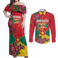 Grenada 1974 Couples Matching Off Shoulder Maxi Dress and Long Sleeve Button Shirt Gwenad Map With Bougainvillea - Flag Color - Wonder Print Shop
