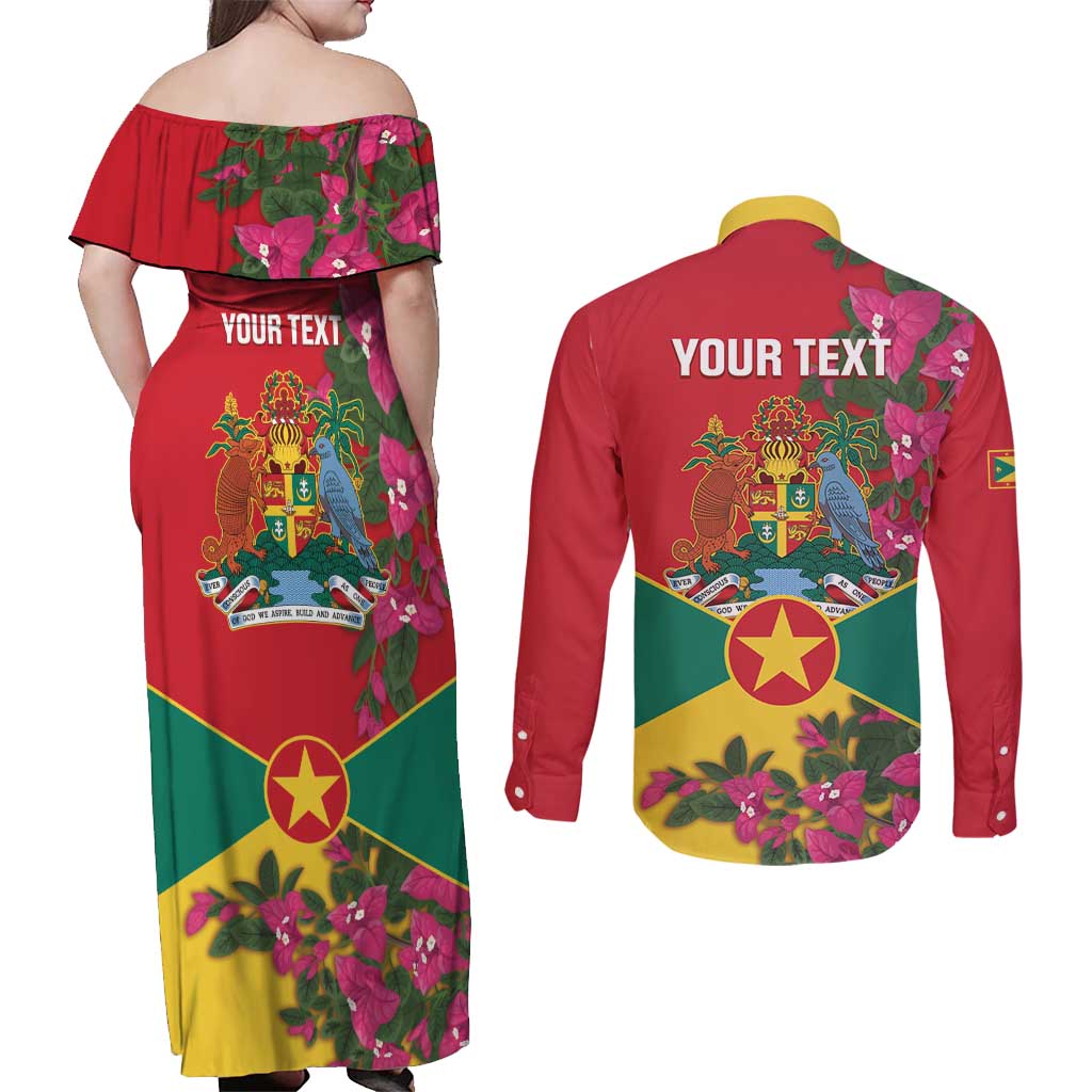 Grenada 1974 Couples Matching Off Shoulder Maxi Dress and Long Sleeve Button Shirt Gwenad Map With Bougainvillea - Flag Color - Wonder Print Shop