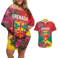 Grenada 1974 Couples Matching Off Shoulder Short Dress and Hawaiian Shirt Gwenad Map With Bougainvillea - Flag Color - Wonder Print Shop