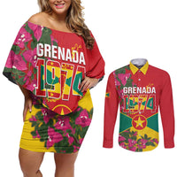 Grenada 1974 Couples Matching Off Shoulder Short Dress and Long Sleeve Button Shirt Gwenad Map With Bougainvillea - Flag Color - Wonder Print Shop
