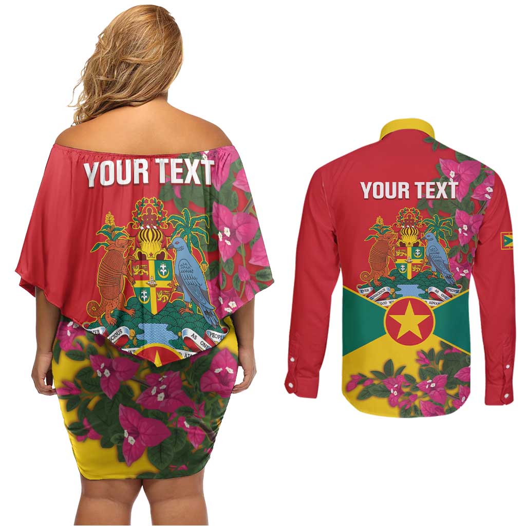 Grenada 1974 Couples Matching Off Shoulder Short Dress and Long Sleeve Button Shirt Gwenad Map With Bougainvillea - Flag Color - Wonder Print Shop