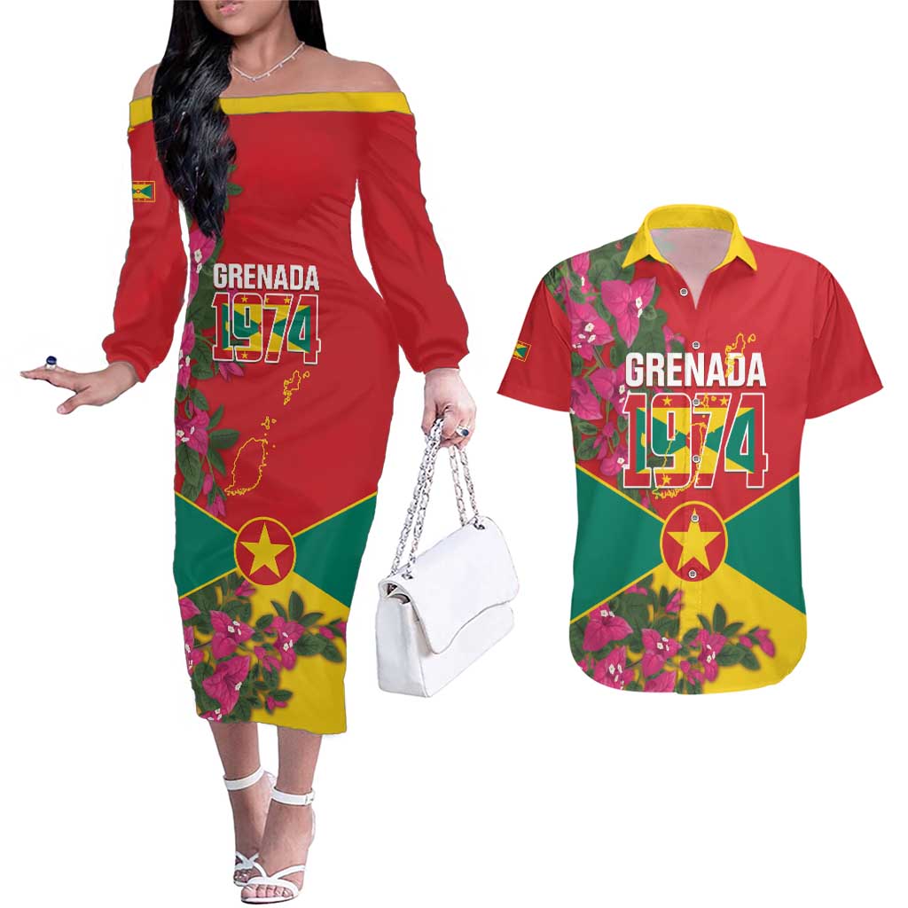 Grenada 1974 Couples Matching Off The Shoulder Long Sleeve Dress and Hawaiian Shirt Gwenad Map With Bougainvillea - Flag Color - Wonder Print Shop