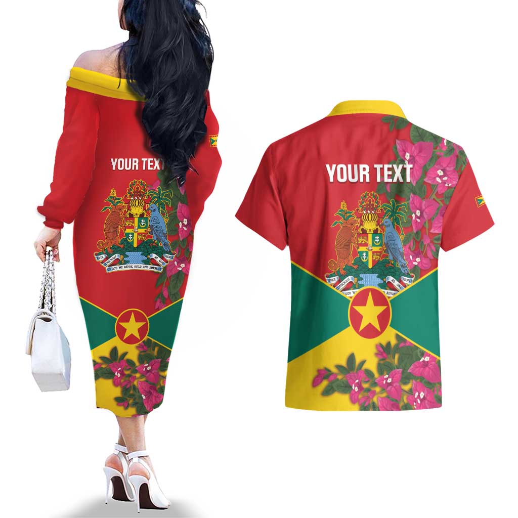 Grenada 1974 Couples Matching Off The Shoulder Long Sleeve Dress and Hawaiian Shirt Gwenad Map With Bougainvillea - Flag Color - Wonder Print Shop