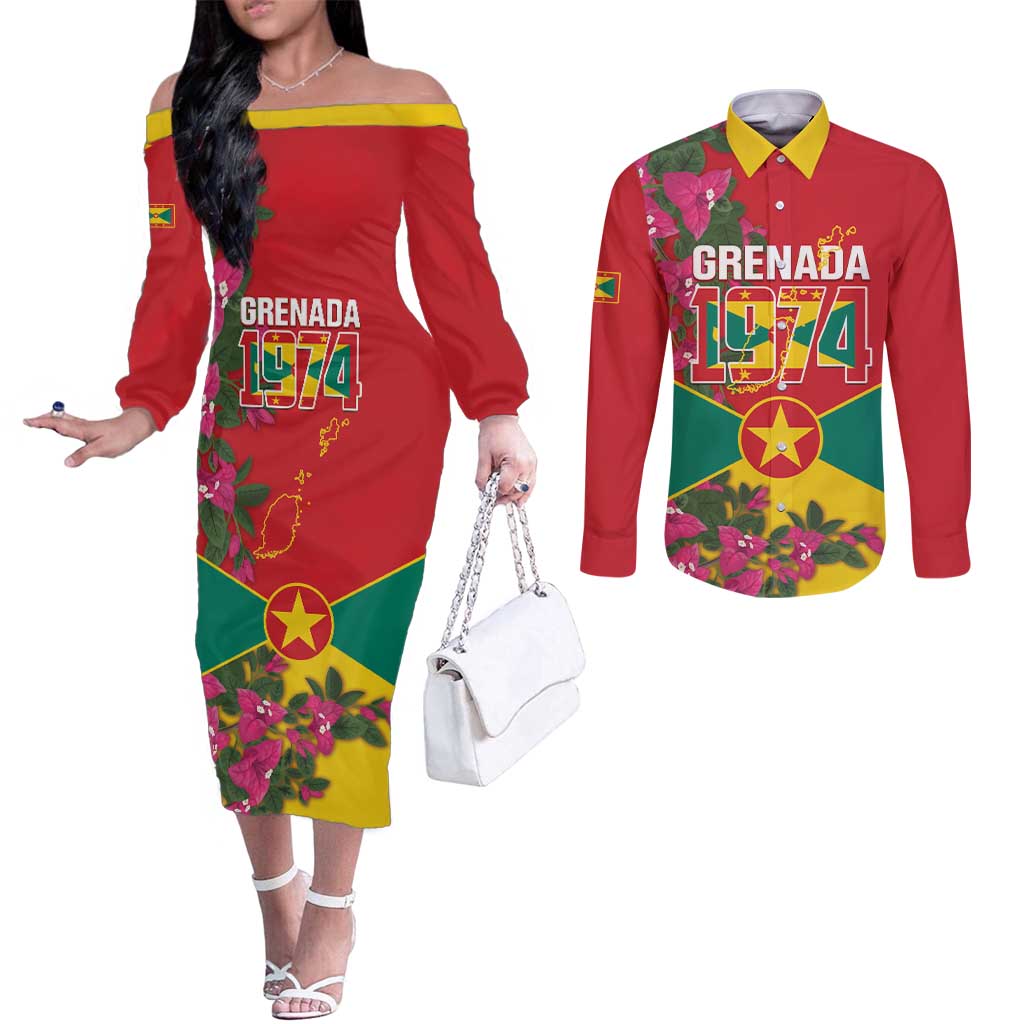 Grenada 1974 Couples Matching Off The Shoulder Long Sleeve Dress and Long Sleeve Button Shirt Gwenad Map With Bougainvillea - Flag Color