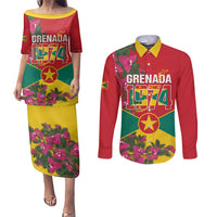 Grenada 1974 Couples Matching Puletasi and Long Sleeve Button Shirt Gwenad Map With Bougainvillea - Flag Color - Wonder Print Shop