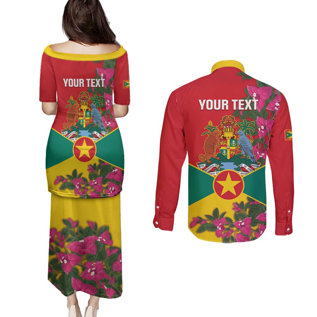 Grenada 1974 Couples Matching Puletasi and Long Sleeve Button Shirt Gwenad Map With Bougainvillea - Flag Color - Wonder Print Shop