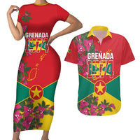 Grenada 1974 Couples Matching Short Sleeve Bodycon Dress and Hawaiian Shirt Gwenad Map With Bougainvillea - Flag Color - Wonder Print Shop