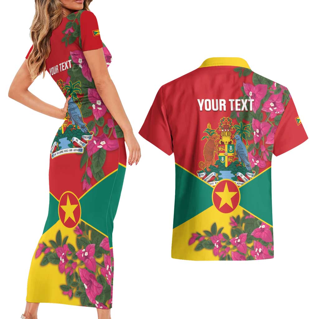 Grenada 1974 Couples Matching Short Sleeve Bodycon Dress and Hawaiian Shirt Gwenad Map With Bougainvillea - Flag Color - Wonder Print Shop
