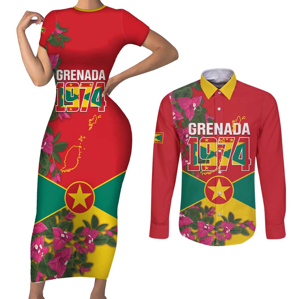 Grenada 1974 Couples Matching Short Sleeve Bodycon Dress and Long Sleeve Button Shirt Gwenad Map With Bougainvillea - Flag Color - Wonder Print Shop