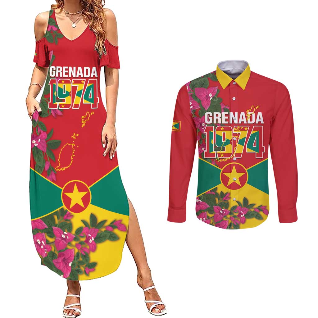 Grenada 1974 Couples Matching Summer Maxi Dress and Long Sleeve Button Shirt Gwenad Map With Bougainvillea - Flag Color - Wonder Print Shop