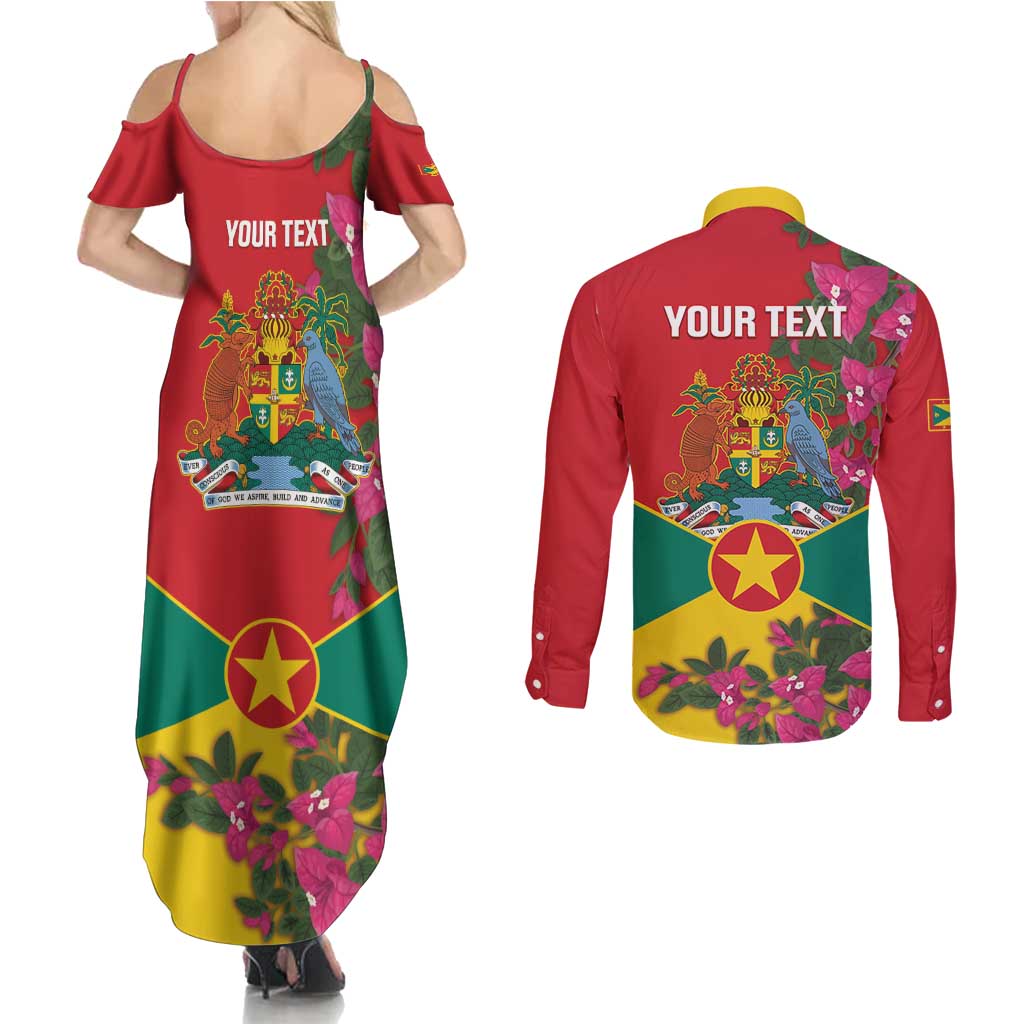 Grenada 1974 Couples Matching Summer Maxi Dress and Long Sleeve Button Shirt Gwenad Map With Bougainvillea - Flag Color - Wonder Print Shop