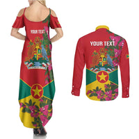 Grenada 1974 Couples Matching Summer Maxi Dress and Long Sleeve Button Shirt Gwenad Map With Bougainvillea - Flag Color - Wonder Print Shop