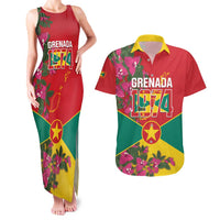 Grenada 1974 Couples Matching Tank Maxi Dress and Hawaiian Shirt Gwenad Map With Bougainvillea - Flag Color - Wonder Print Shop
