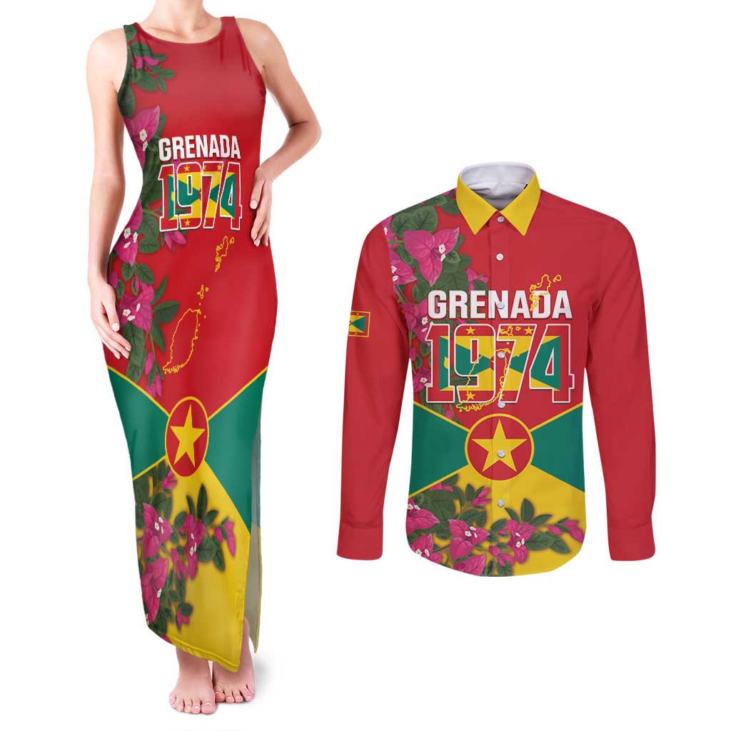 Grenada 1974 Couples Matching Tank Maxi Dress and Long Sleeve Button Shirt Gwenad Map With Bougainvillea - Flag Color - Wonder Print Shop