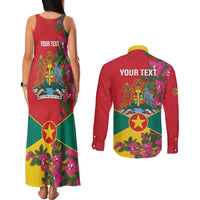 Grenada 1974 Couples Matching Tank Maxi Dress and Long Sleeve Button Shirt Gwenad Map With Bougainvillea - Flag Color - Wonder Print Shop