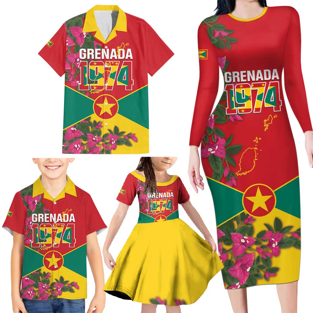 Grenada 1974 Family Matching Long Sleeve Bodycon Dress and Hawaiian Shirt Gwenad Map With Bougainvillea - Flag Color - Wonder Print Shop