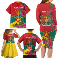 Grenada 1974 Family Matching Long Sleeve Bodycon Dress and Hawaiian Shirt Gwenad Map With Bougainvillea - Flag Color - Wonder Print Shop
