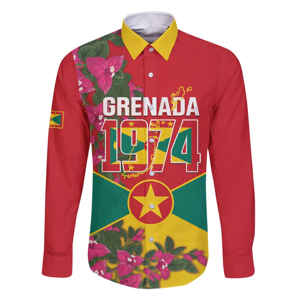 Grenada 1974 Family Matching Long Sleeve Bodycon Dress and Hawaiian Shirt Gwenad Map With Bougainvillea - Flag Color - Wonder Print Shop