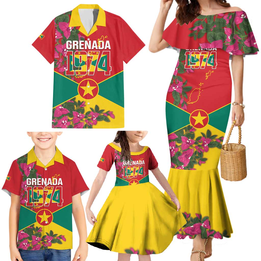 Grenada 1974 Family Matching Mermaid Dress and Hawaiian Shirt Gwenad Map With Bougainvillea - Flag Color - Wonder Print Shop