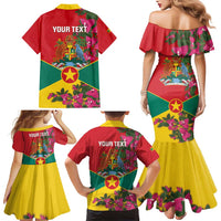 Grenada 1974 Family Matching Mermaid Dress and Hawaiian Shirt Gwenad Map With Bougainvillea - Flag Color - Wonder Print Shop