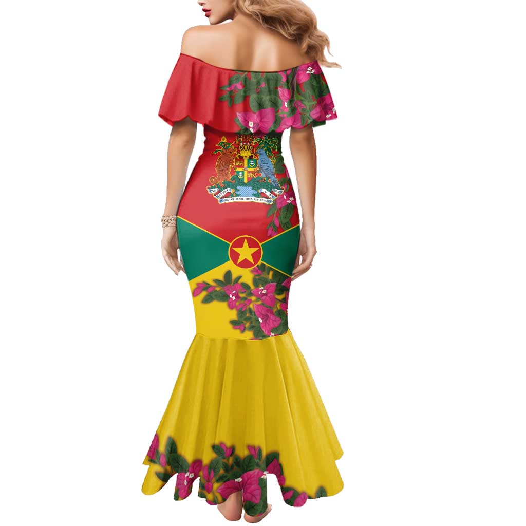 Grenada 1974 Family Matching Mermaid Dress and Hawaiian Shirt Gwenad Map With Bougainvillea - Flag Color - Wonder Print Shop