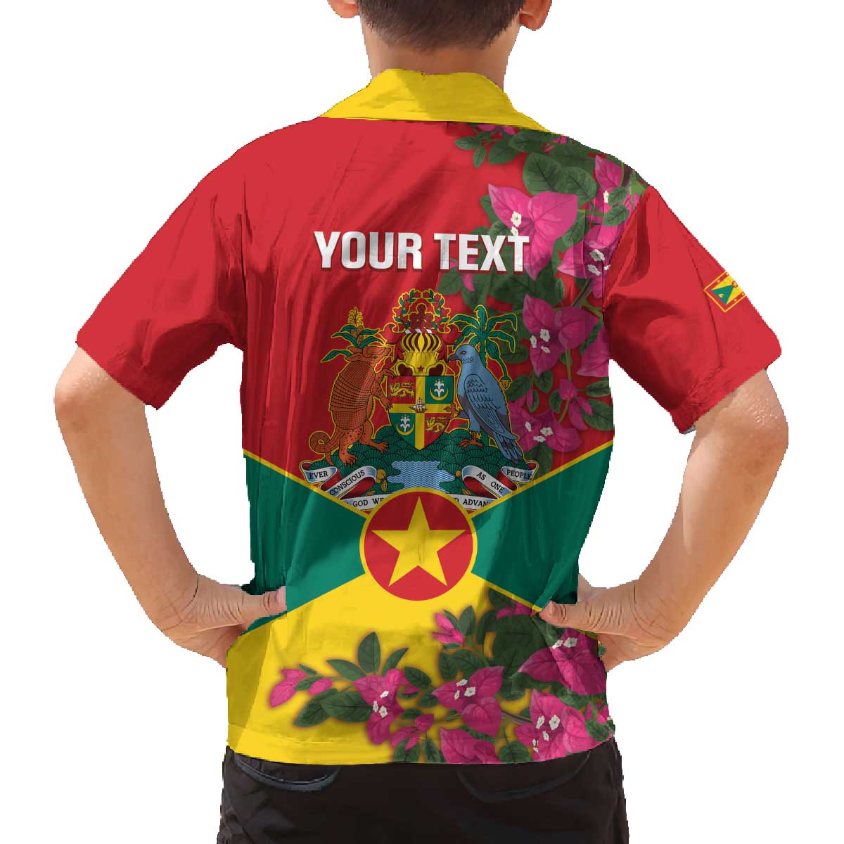 Grenada 1974 Family Matching Off The Shoulder Long Sleeve Dress and Hawaiian Shirt Gwenad Map With Bougainvillea - Flag Color - Wonder Print Shop