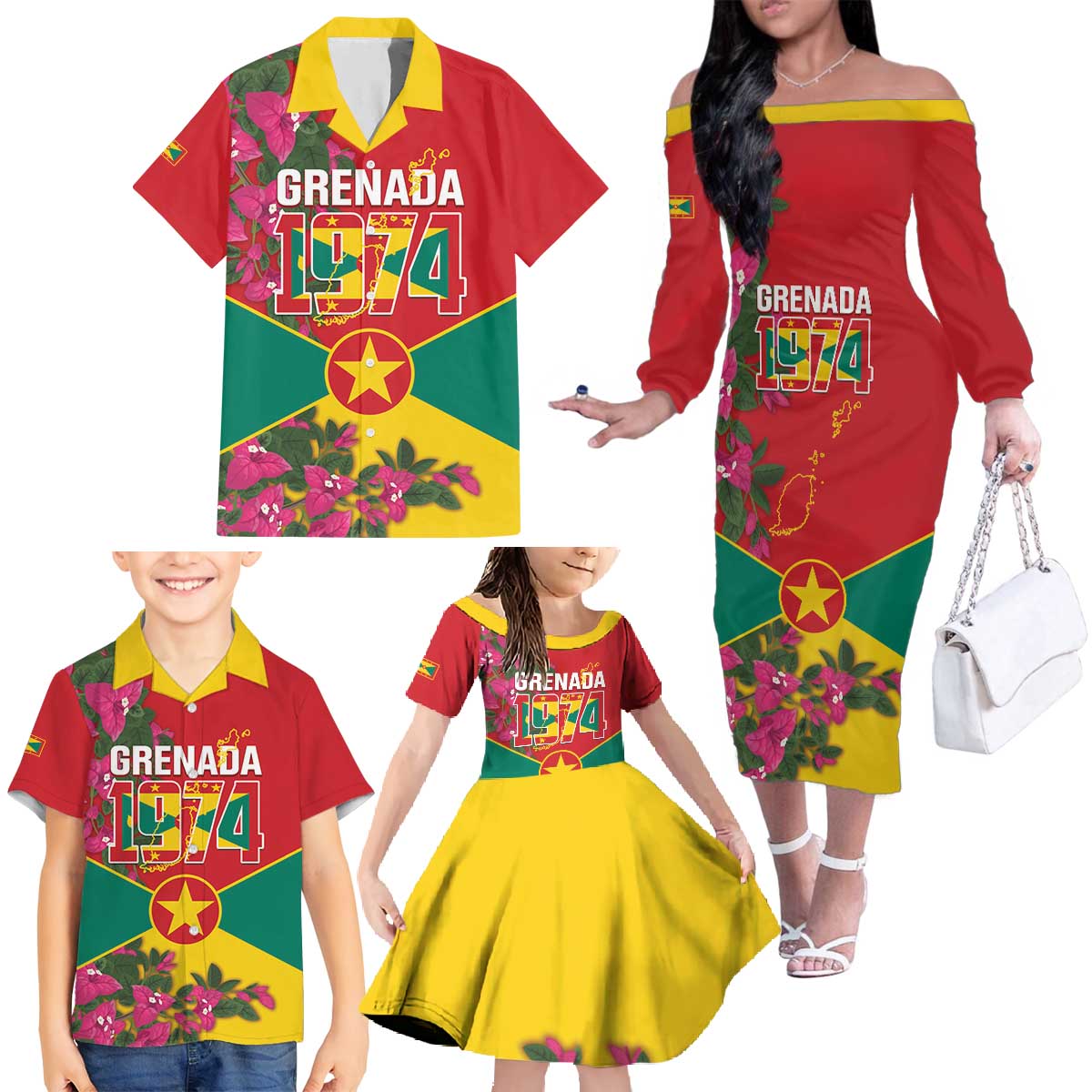 Grenada 1974 Family Matching Off The Shoulder Long Sleeve Dress and Hawaiian Shirt Gwenad Map With Bougainvillea - Flag Color - Wonder Print Shop