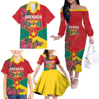 Grenada 1974 Family Matching Off The Shoulder Long Sleeve Dress and Hawaiian Shirt Gwenad Map With Bougainvillea - Flag Color - Wonder Print Shop