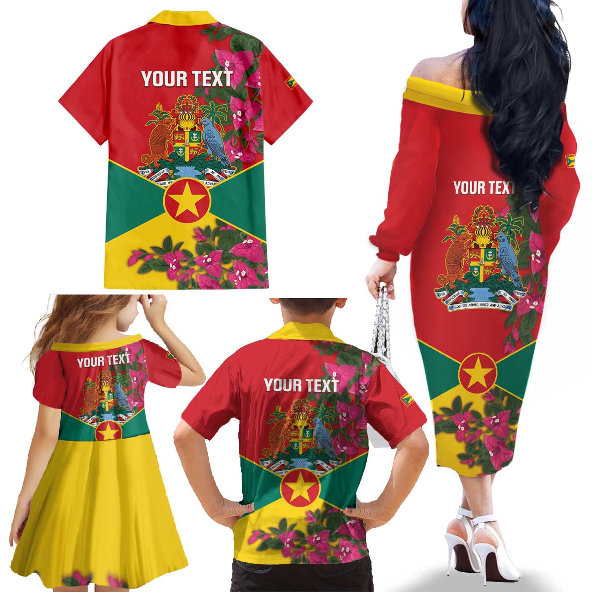 Grenada 1974 Family Matching Off The Shoulder Long Sleeve Dress and Hawaiian Shirt Gwenad Map With Bougainvillea - Flag Color - Wonder Print Shop
