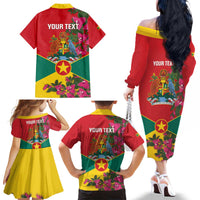 Grenada 1974 Family Matching Off The Shoulder Long Sleeve Dress and Hawaiian Shirt Gwenad Map With Bougainvillea - Flag Color - Wonder Print Shop