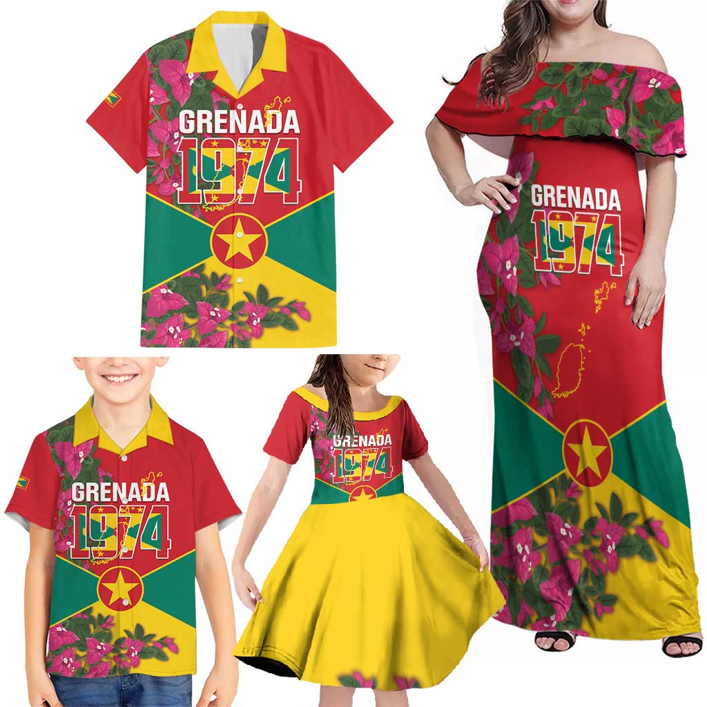Grenada 1974 Family Matching Off Shoulder Maxi Dress and Hawaiian Shirt Gwenad Map With Bougainvillea - Flag Color - Wonder Print Shop