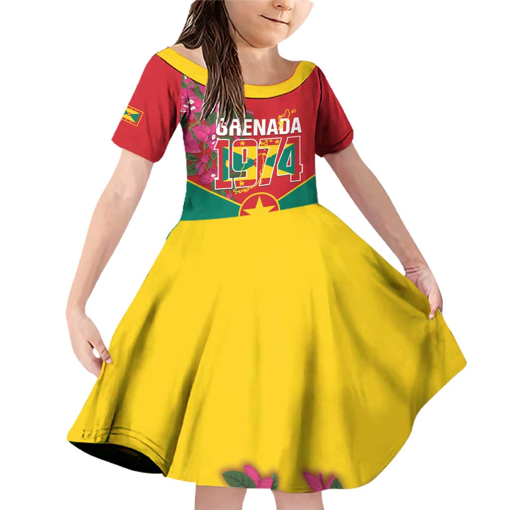 Grenada 1974 Family Matching Off Shoulder Short Dress and Hawaiian Shirt Gwenad Map With Bougainvillea - Flag Color - Wonder Print Shop